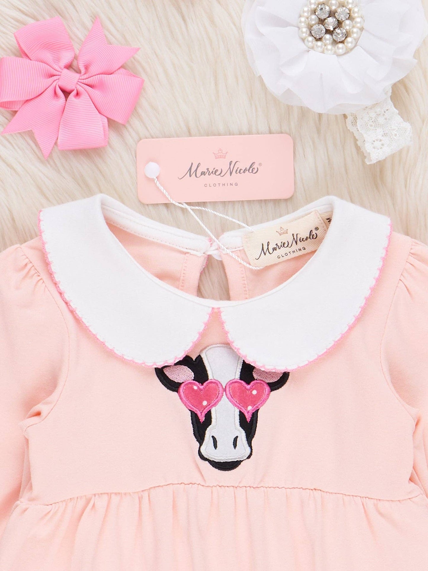 Pink Embroidered Sweetheart Cow Romper: 18/24MOS