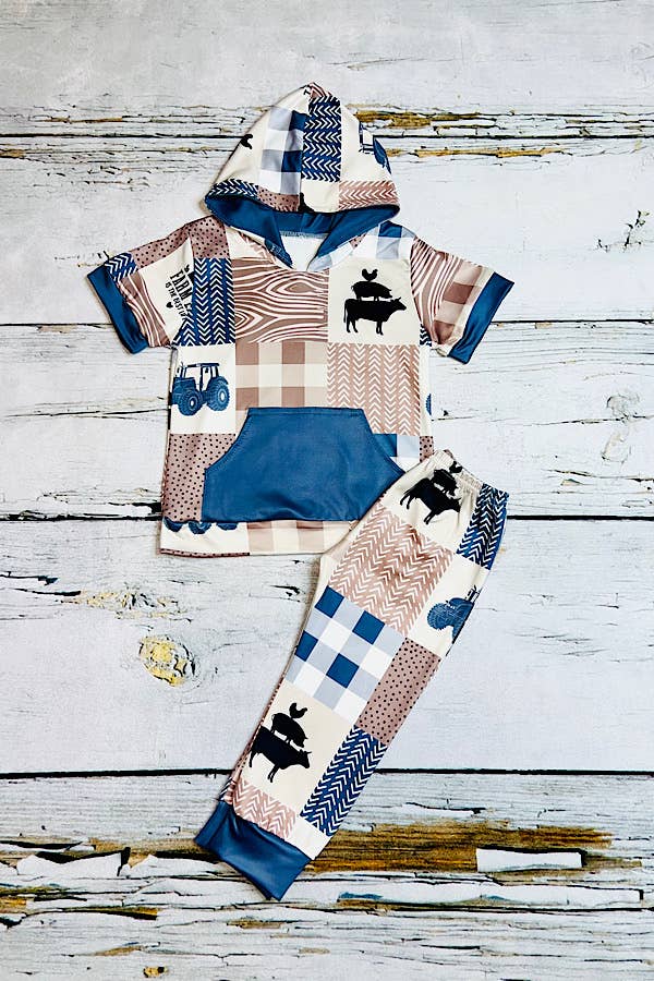 "FARM LIFE IS THE BEST LIFE" blue & tan unisex 2pc hoodie: XL
