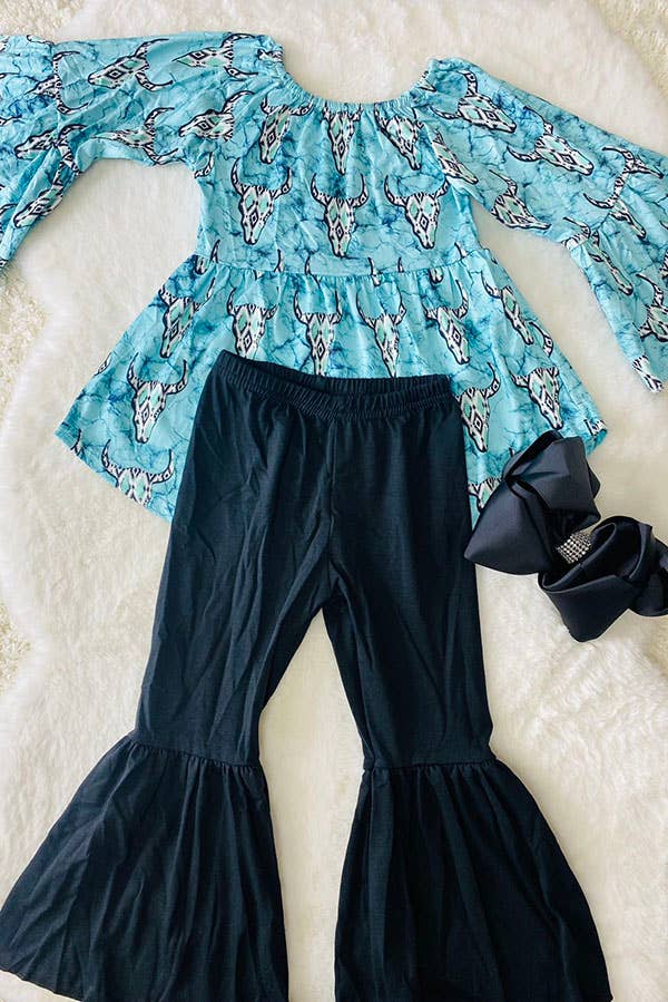 1182WY Turquoise aztec bull top black bell bottom girls sets: XS 12/18MONTHS