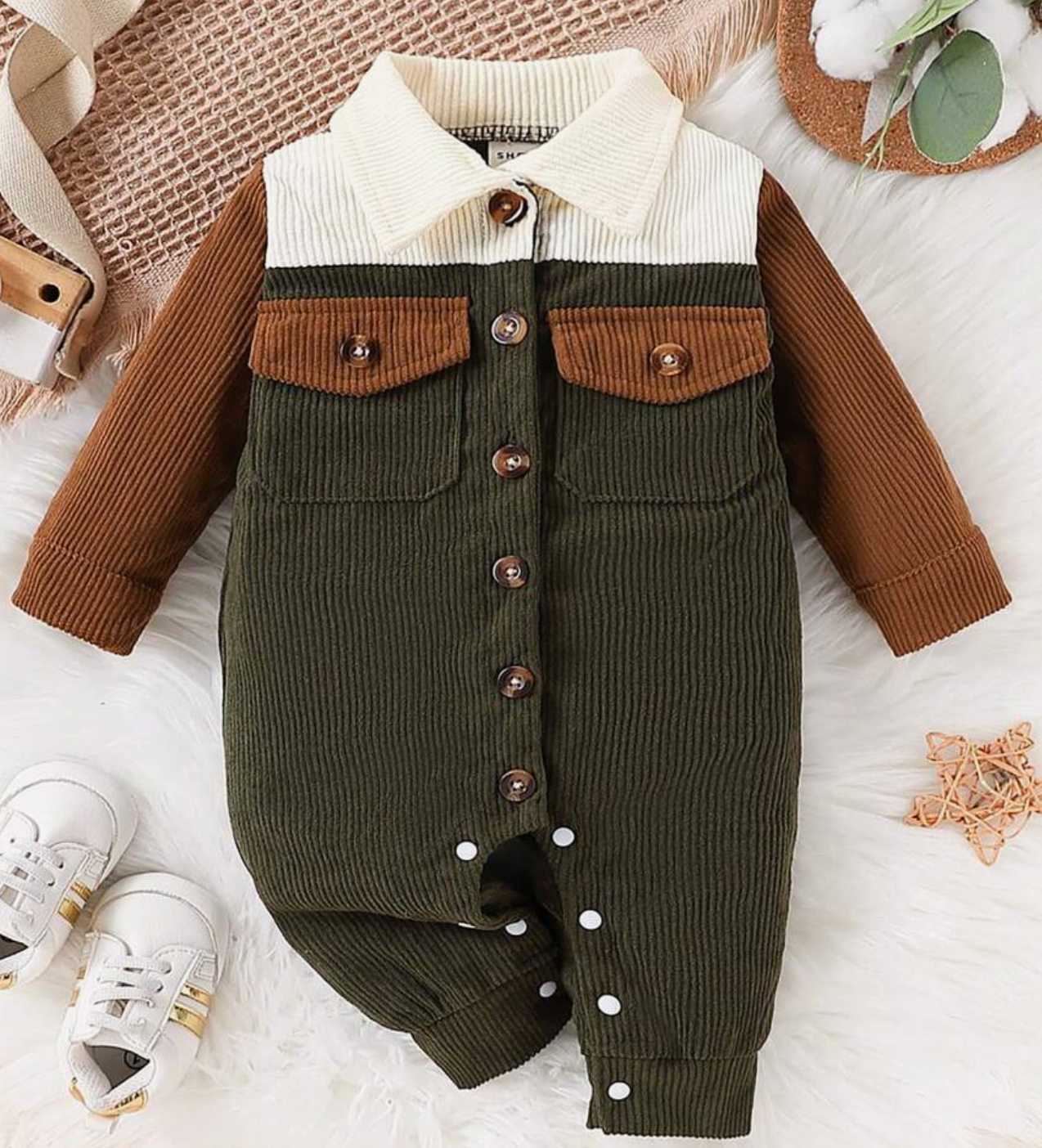 Color Block Corduroy Collared Romper