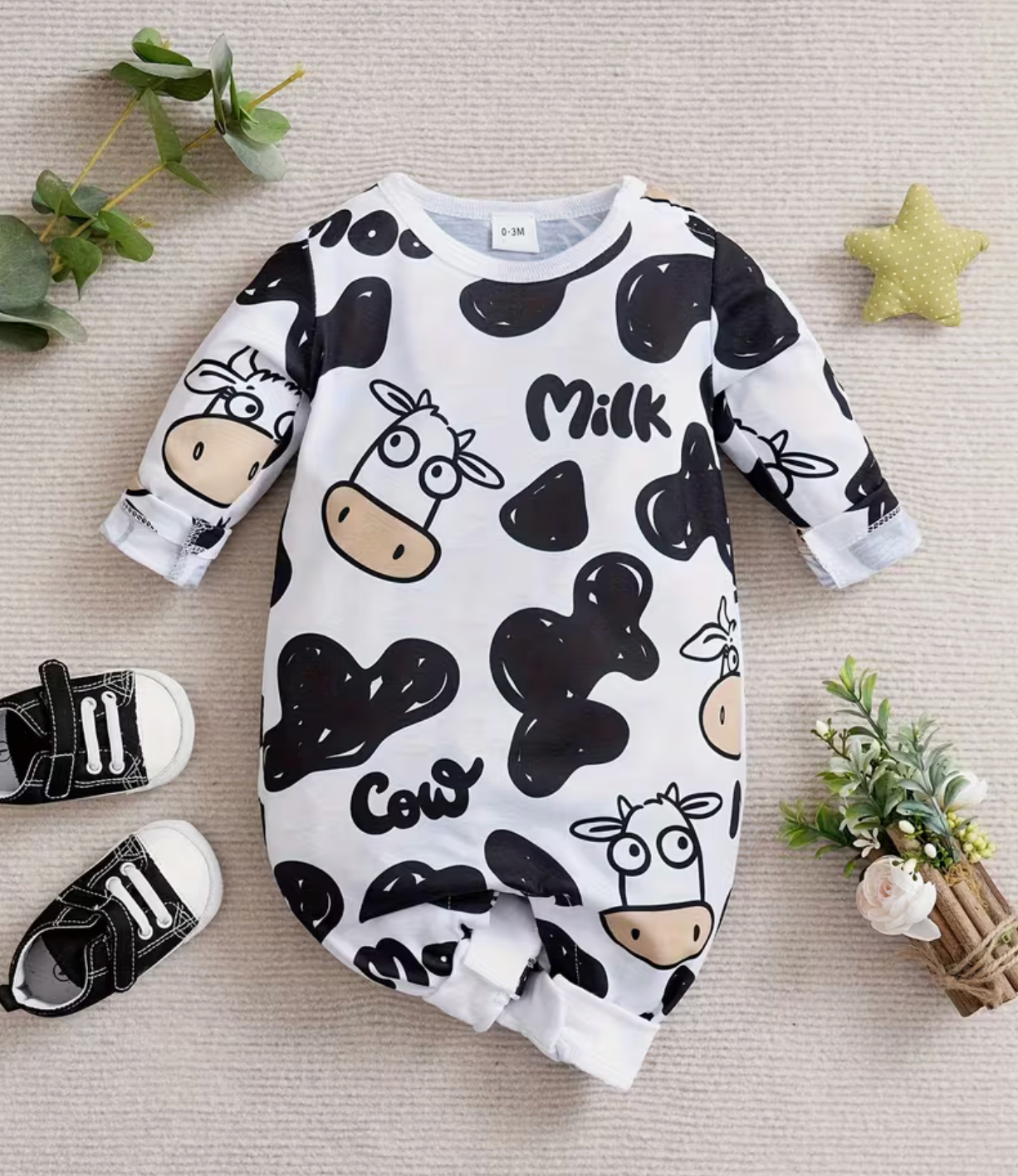 Cow Print Cartoon/Graffiti Romper