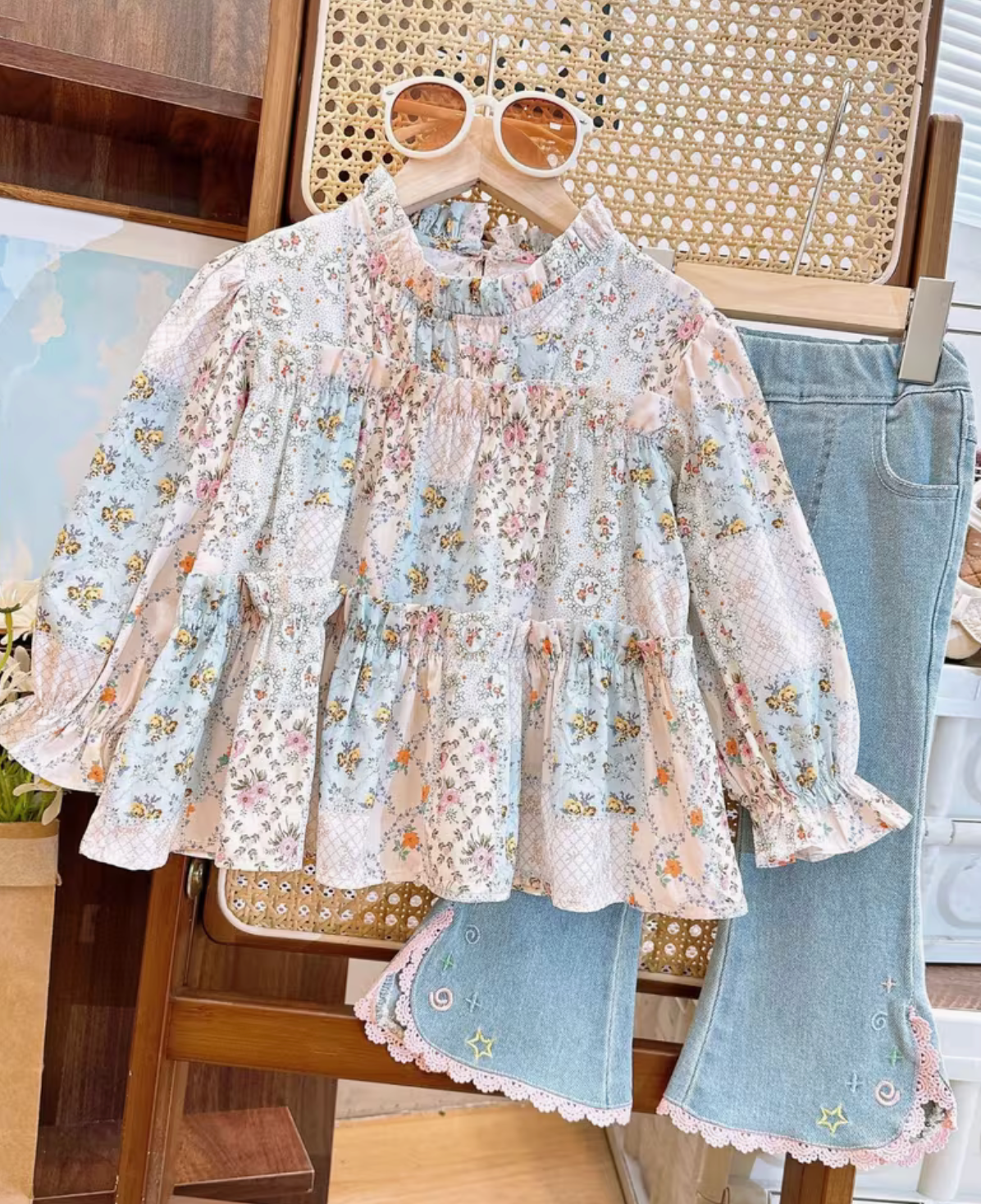 Girls Floral Shirt With Embroidered Jeans - 2 Piece Set