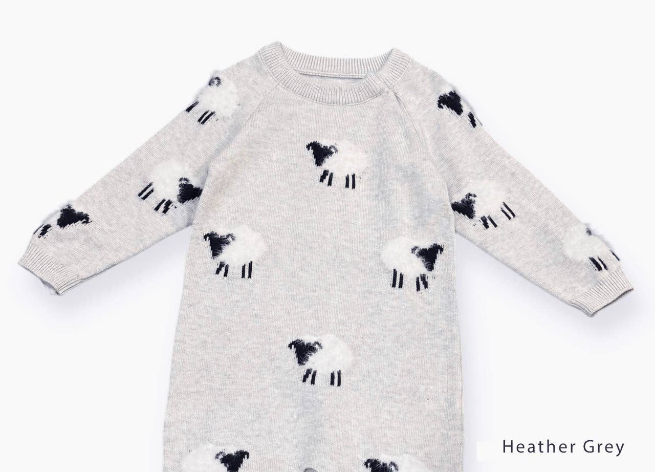 Furry Sheep Jacquard Sweater Knit Baby Jumpsuit (Organic): Pewter Grey Heather / 12-18M