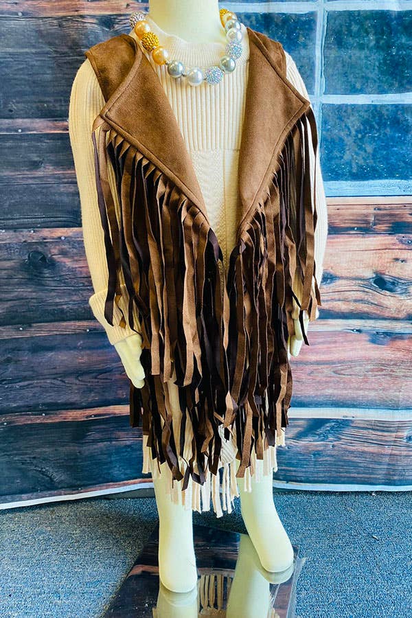 DLH2593 Western brown suede cowgirl sleeveless fringe vest: M 3/4