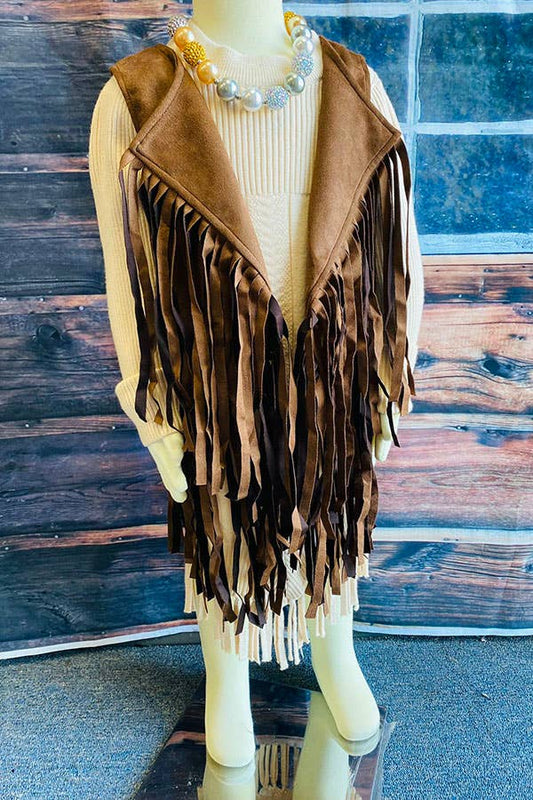 DLH2593 Western brown suede cowgirl sleeveless fringe vest: L 4/5