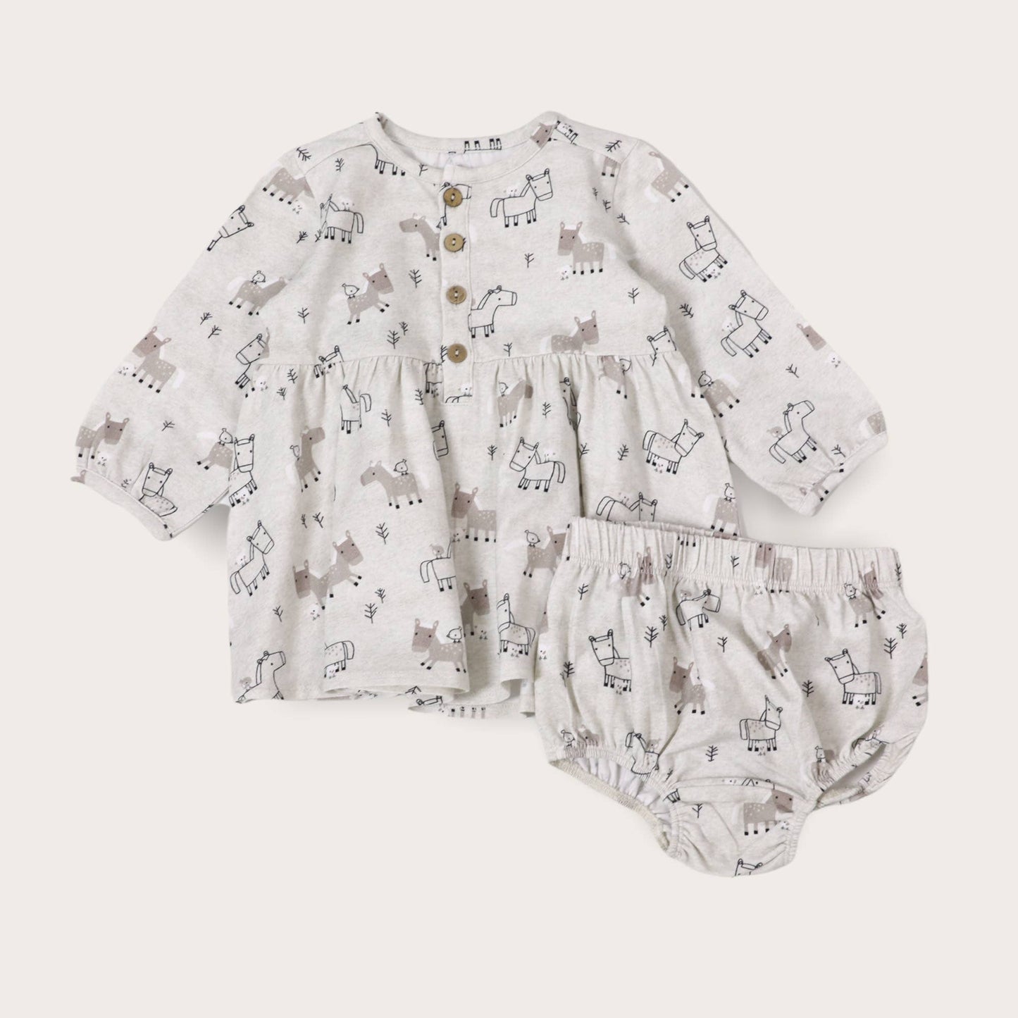 Horse & Bird Button Baby Flare Dress+ Bloomer Set(Organic): Heather Grey / 12-18M