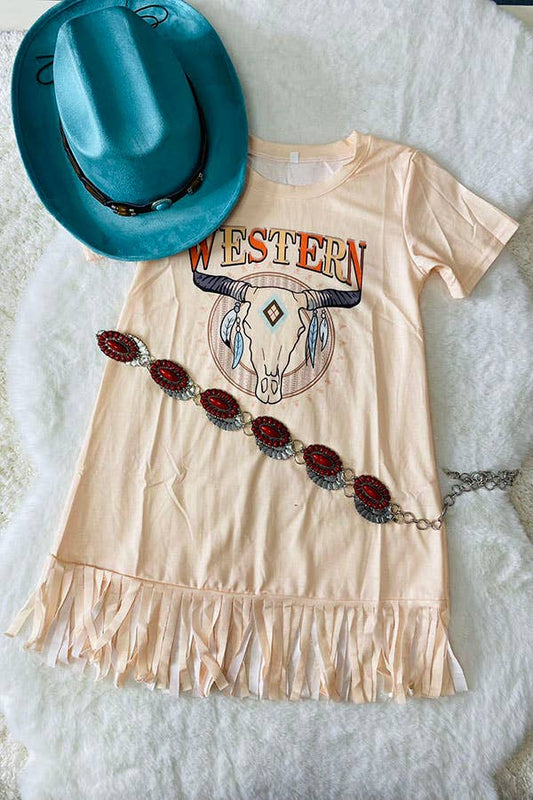 DLH2710 Fall clothing WESTERN bull skull beige girls dress: S-2/3