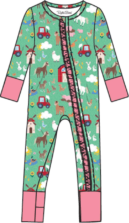 SoftSnooze™ Baby Girls Bamboo Viscose Farm Friends Convertible Ruffle One Piece Footie Pajama
: Green / 3-6m