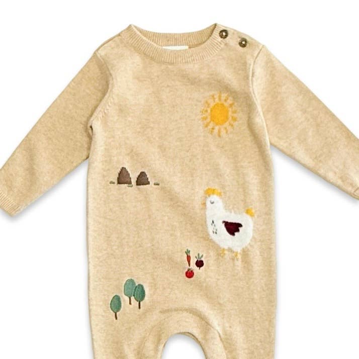 Chicken Farm Jacquard Knit Baby Jumpsuit (Organic Cotton): Oat Heather / 3-6M
