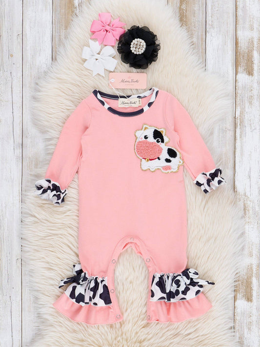 Coral Chenille Cow Ruffle Romper: 6/12MOS