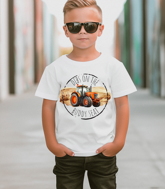 Dibs on the Buddy Seat Orange Tractor Farm Kids Tee Shirt: 4T / Long Sleeves