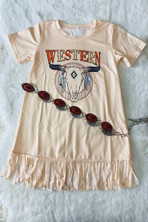 DLH2710 Fall clothing WESTERN bull skull beige girls dress: XS-12/18 MONTHS