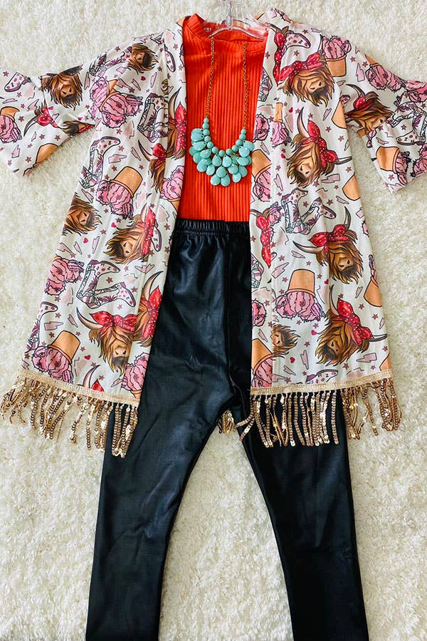 Bulls & cactus girls cardigan w/sequin tassels DLH2545 : M-3/4