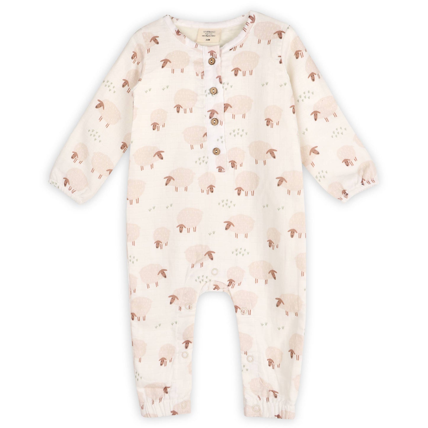 Sheep Long Sleeve Baby Jumpsuit (Organic Muslin): NATURAL / 3-6M