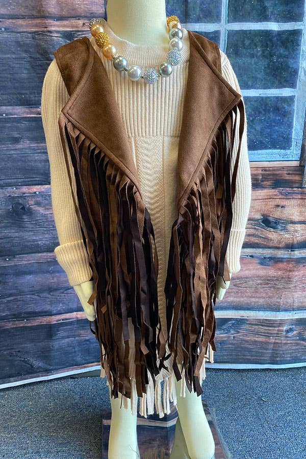 DLH2593 Western brown suede cowgirl sleeveless fringe vest: M 3/4