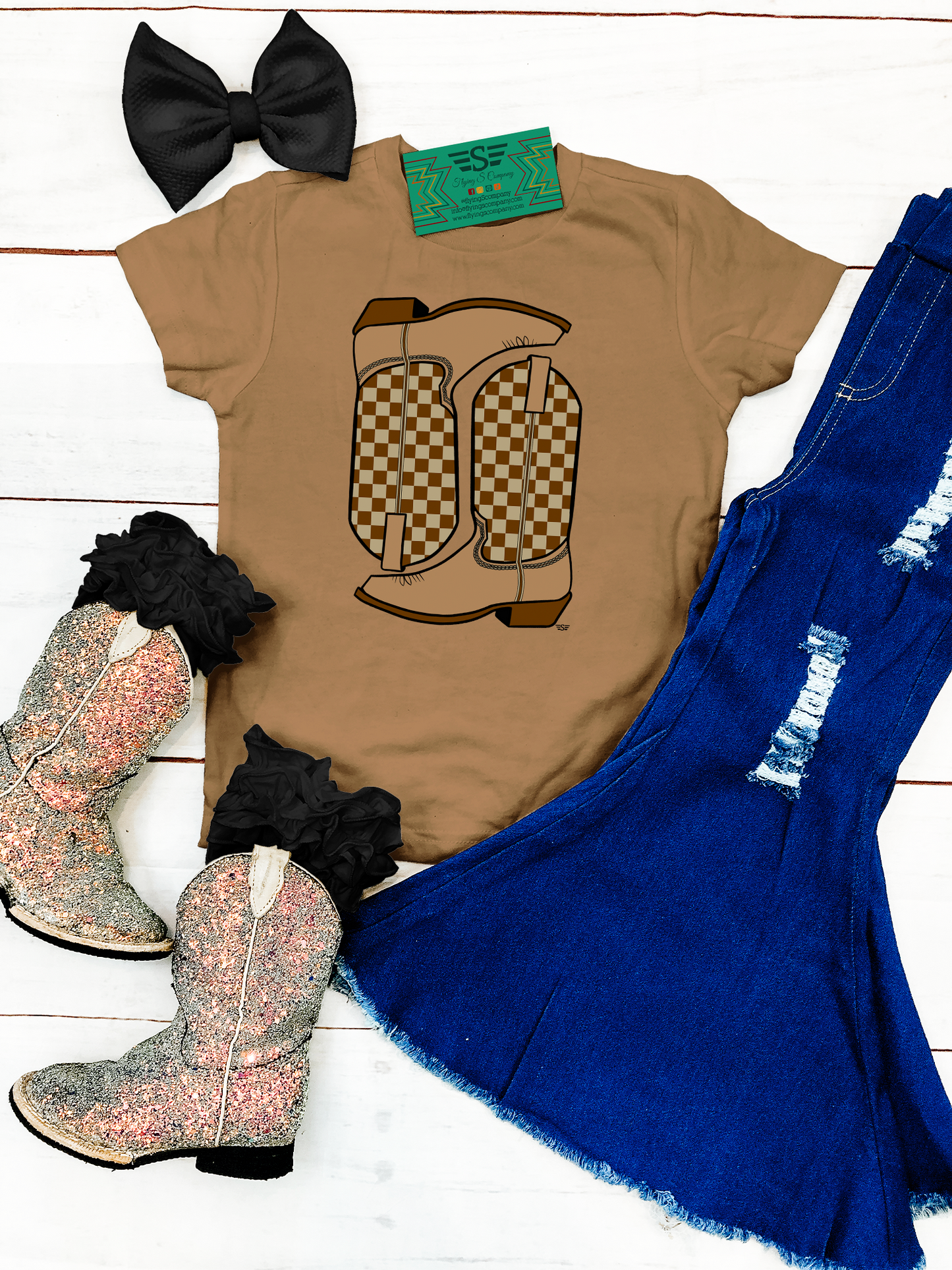 Kids Checkered Boots Graphic Tee: 4t / Coyote Brown Long Sleeve