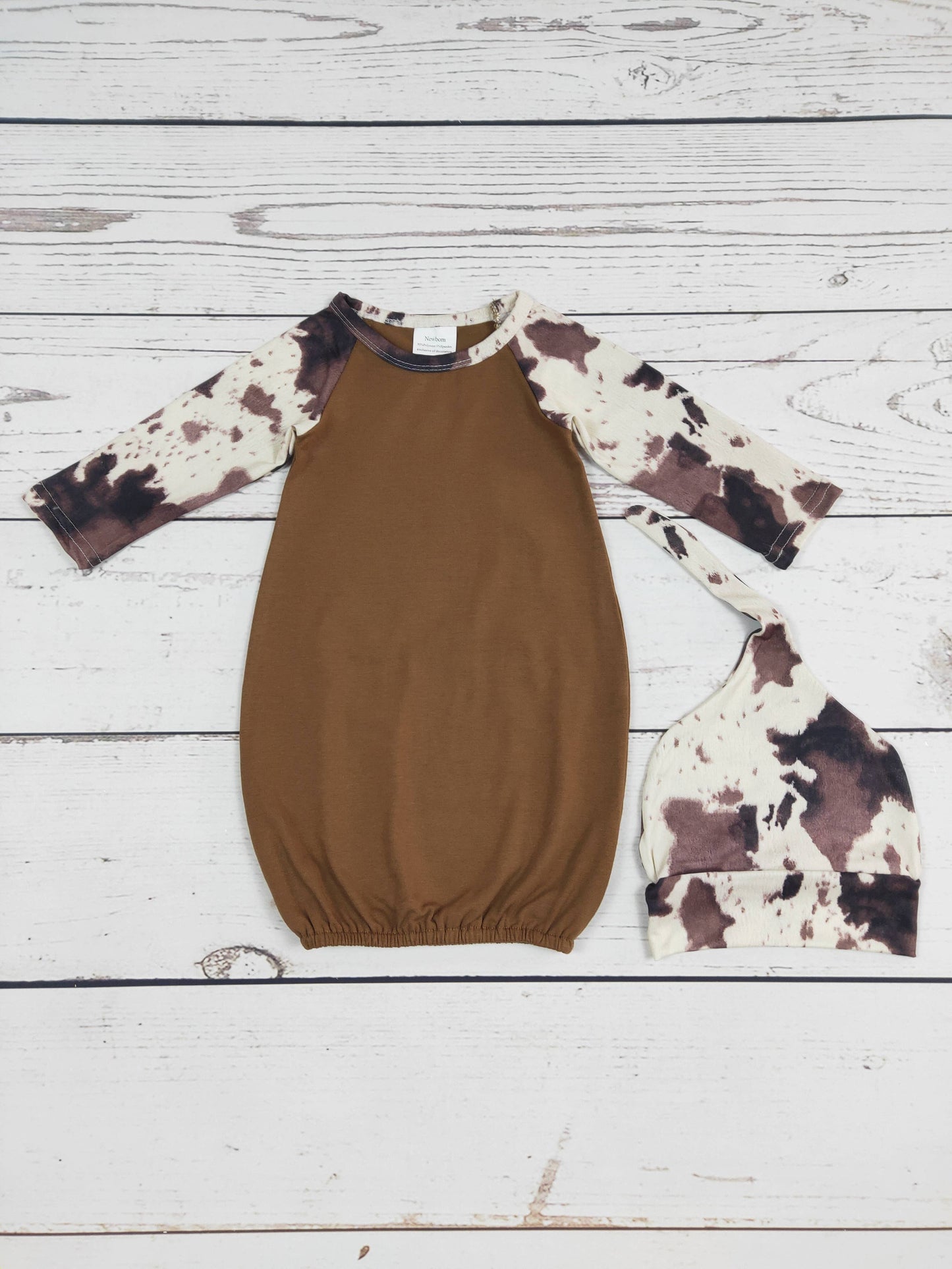 Brown Cows Printed Infant Babygown With Hat: Babygown