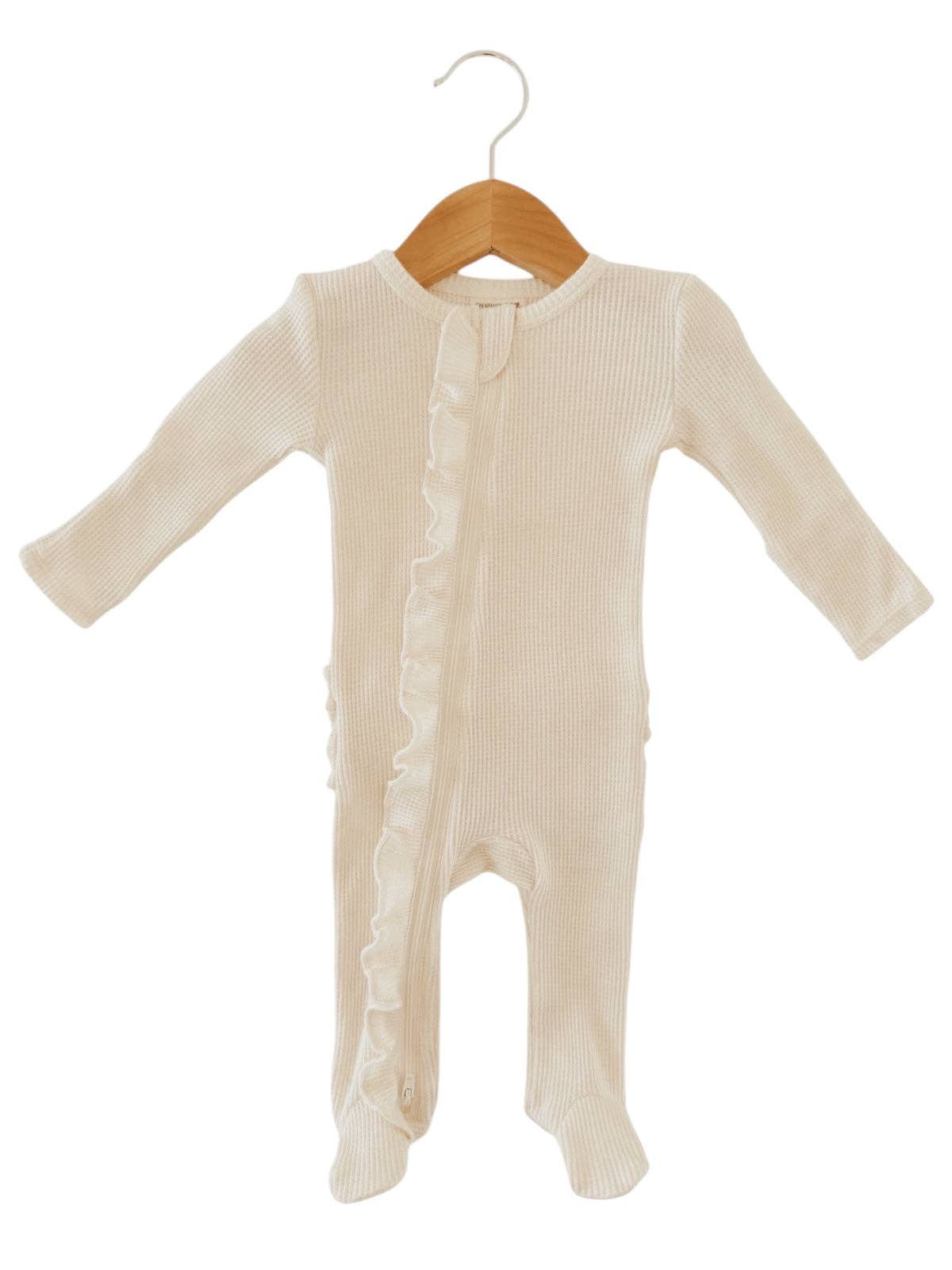 Organic Waffle 2-Way Zip Ruffle Footie, Snow