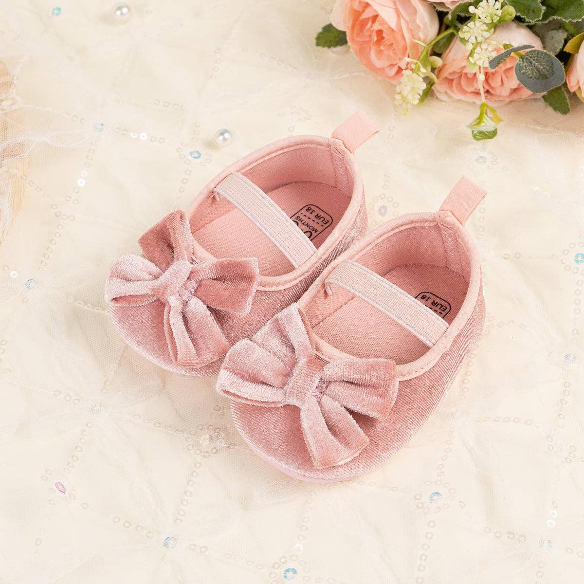 Front Bow velvety baby shoes, available in black and pink.: Pink / 6-12M (12CM
