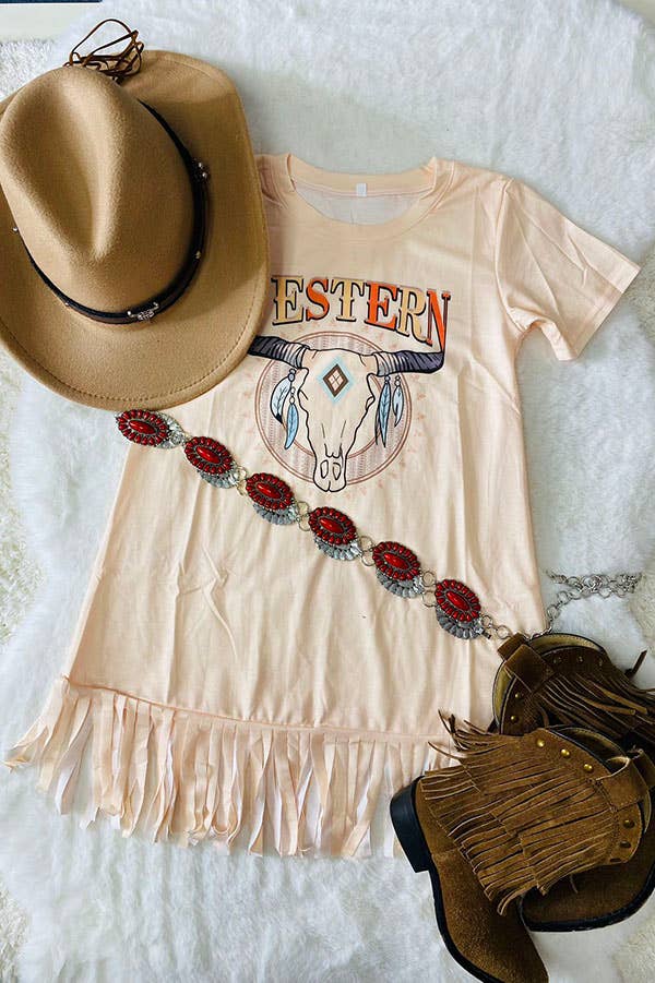 DLH2710 Fall clothing WESTERN bull skull beige girls dress: XXS-6/12 MONTHS