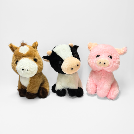 8"H Assorted Plush Farm Animals: Horse, Cow, and Pig
