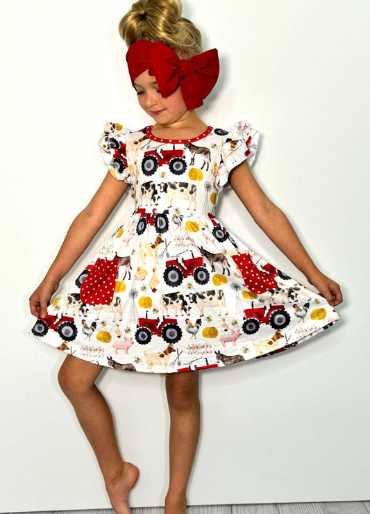 Red Tractor Farm Girls Dress: 3t