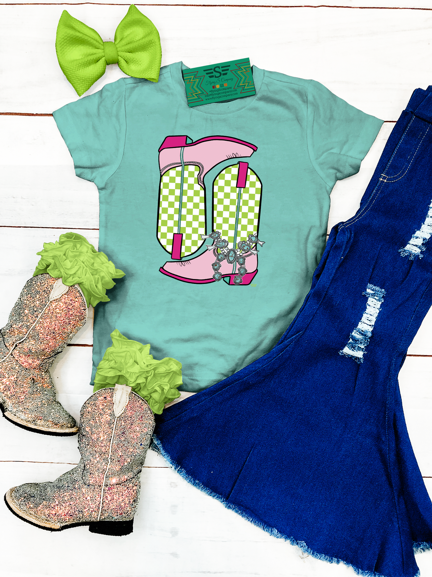 Kids Checkered Boots Graphic Tee: 3t / Coyote Brown Long Sleeve