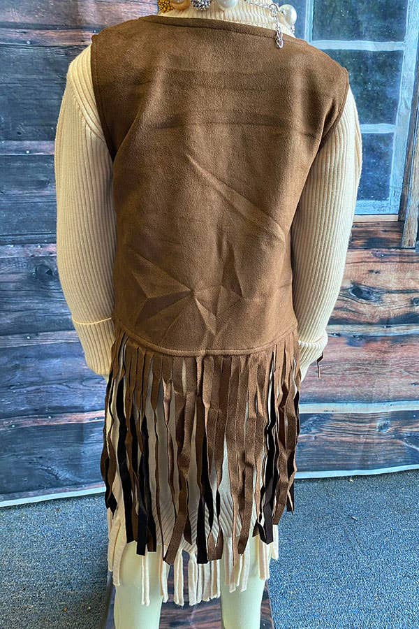 DLH2593 Western brown suede cowgirl sleeveless fringe vest: M 3/4