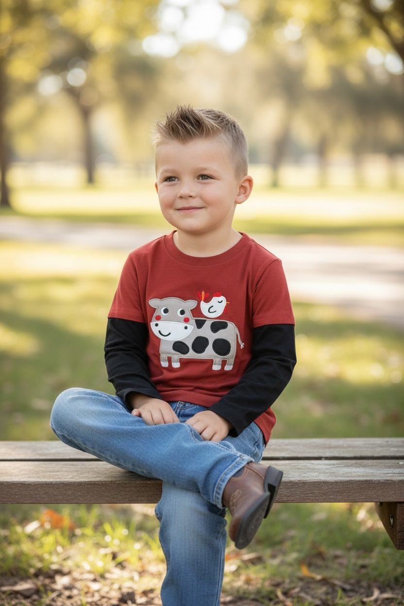 Cow Applique Long Sleeve Boys Shirt
