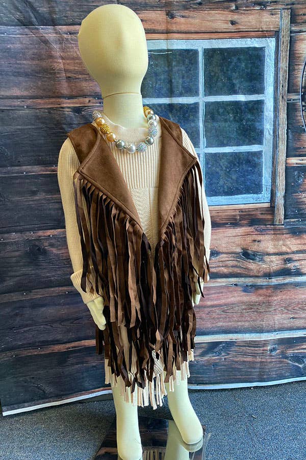 DLH2593 Western brown suede cowgirl sleeveless fringe vest: M 3/4