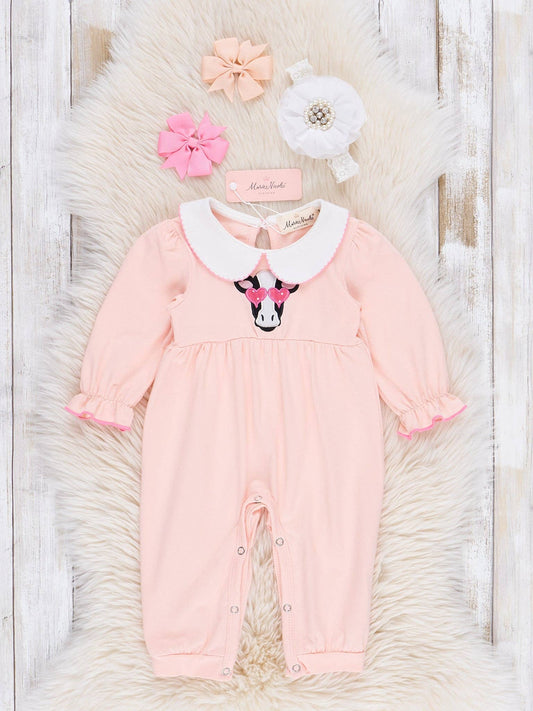 Pink Embroidered Sweetheart Cow Romper: 18/24MOS