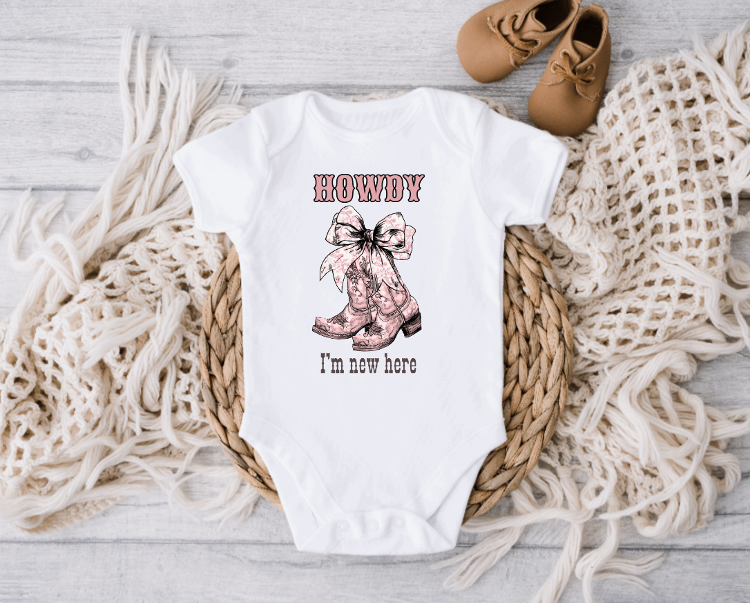 Howdy I'm New Here, Toile Cowboy Boots Newborn Baby Onesie: 6-12 Months / Short Sleeves