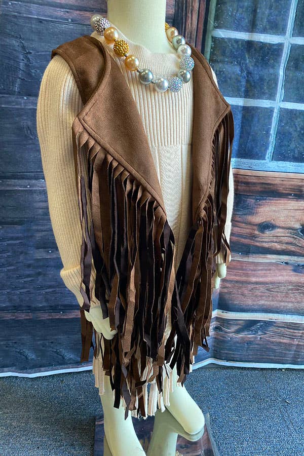 DLH2593 Western brown suede cowgirl sleeveless fringe vest: M 3/4