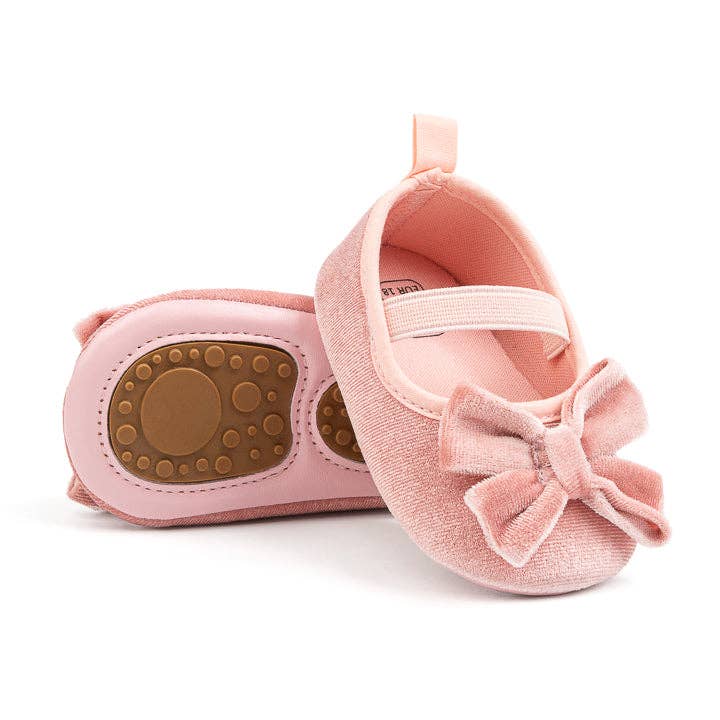 Front Bow velvety baby shoes, available in black and pink.: Pink / 6-12M (12CM