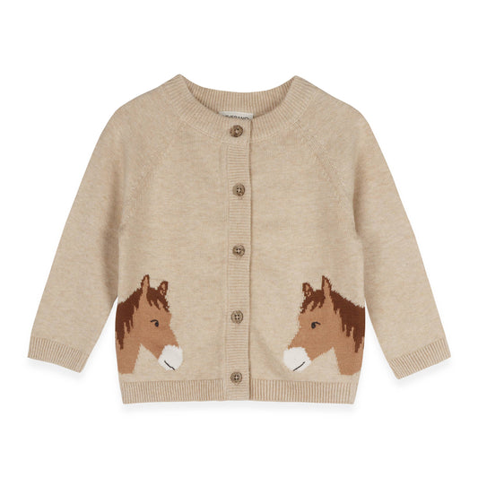 Horse Jacquard Sweater Knit Baby Cardigan (Organic Cotton): Oatmeal Heather / 12-18M