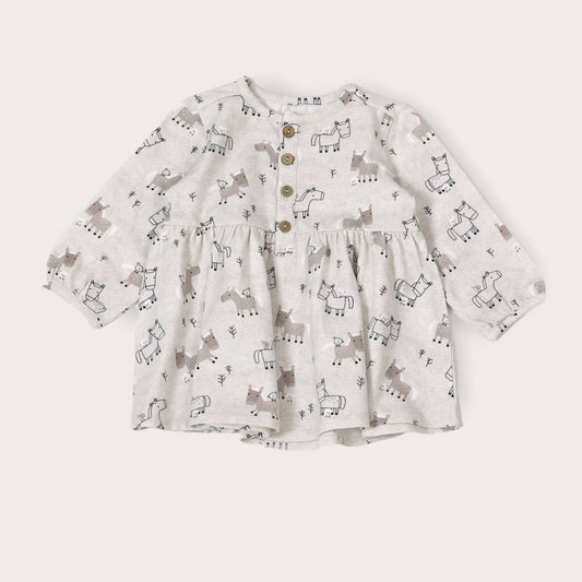 Horse & Bird Button Baby Flare Dress+ Bloomer Set(Organic): Heather Grey / 12-18M