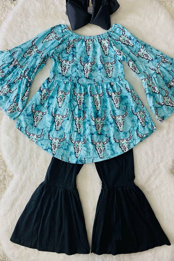 1182WY Turquoise aztec bull top black bell bottom girls sets: S 2/3Y