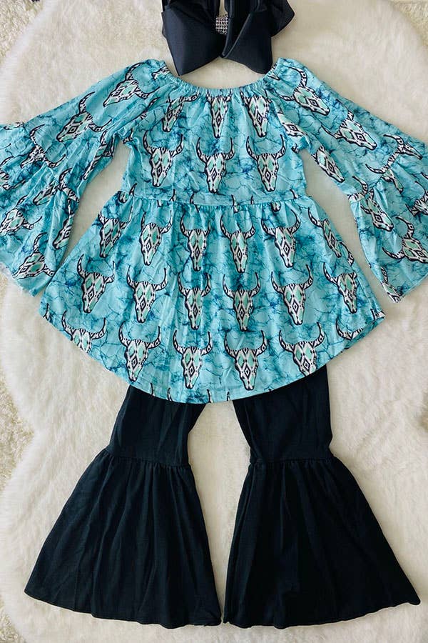 Turquoise  Bull Top &  Bell Bottom Set