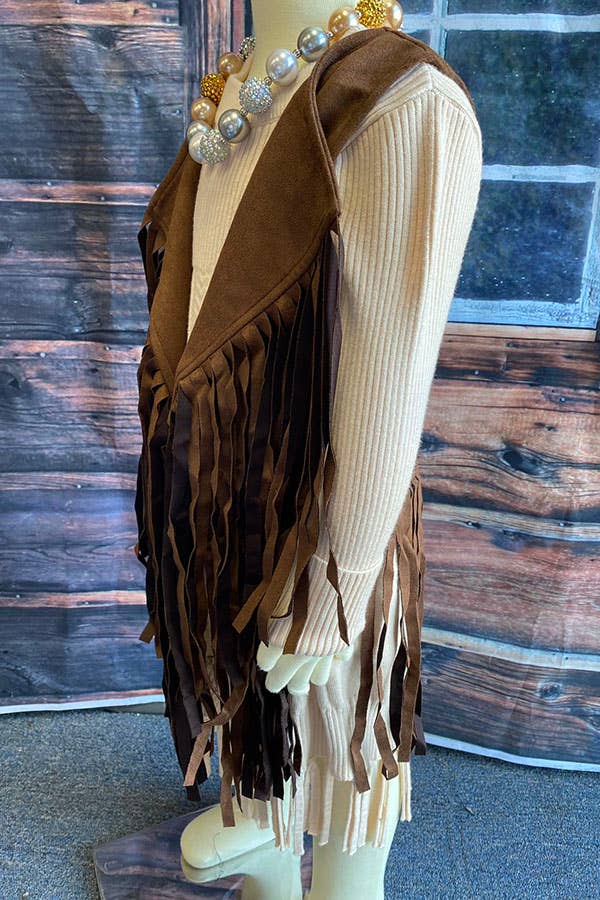 DLH2593 Western brown suede cowgirl sleeveless fringe vest: M 3/4