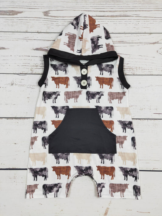 Baby Boys Cows Printed Hoodie Romper: 3-6M