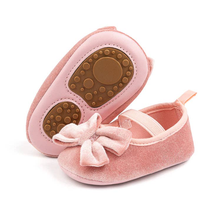 Front Bow velvety baby shoes, available in black and pink.: Pink / 6-12M (12CM
