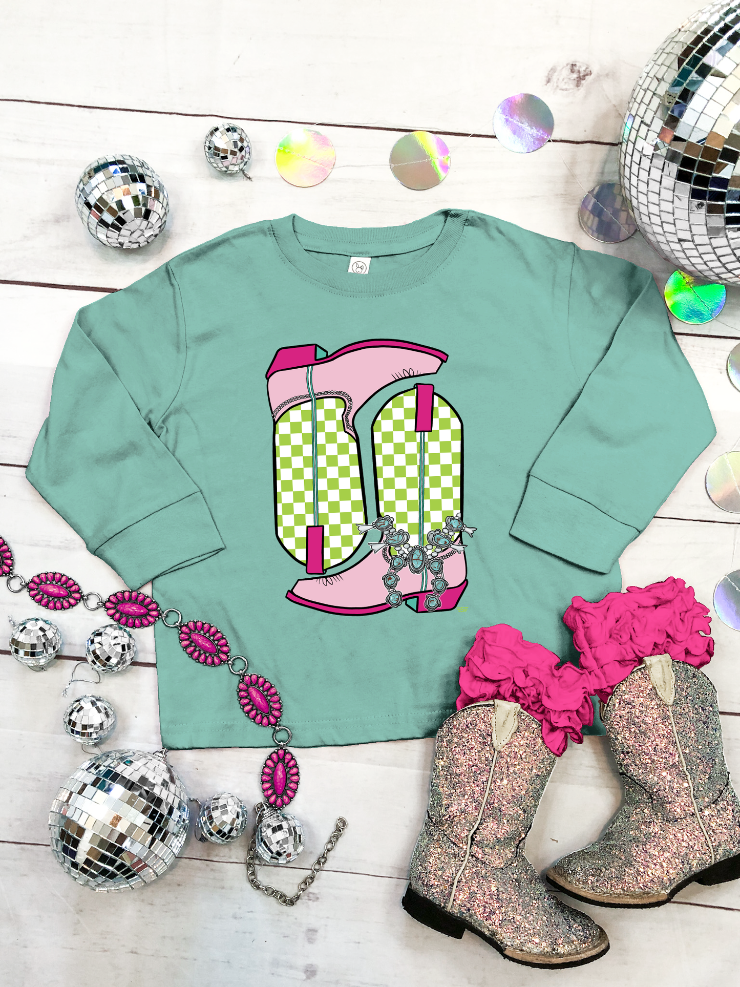 Kids Checkered Boots Graphic Tee: 3t / Coyote Brown Long Sleeve