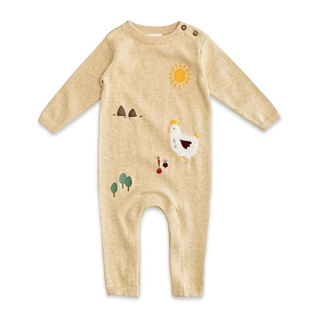 Chicken Farm Jacquard Knit Baby Jumpsuit (Organic Cotton): Oat Heather / 12-18M