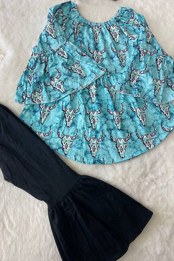 1182WY Turquoise aztec bull top black bell bottom girls sets: XL 5/6Y