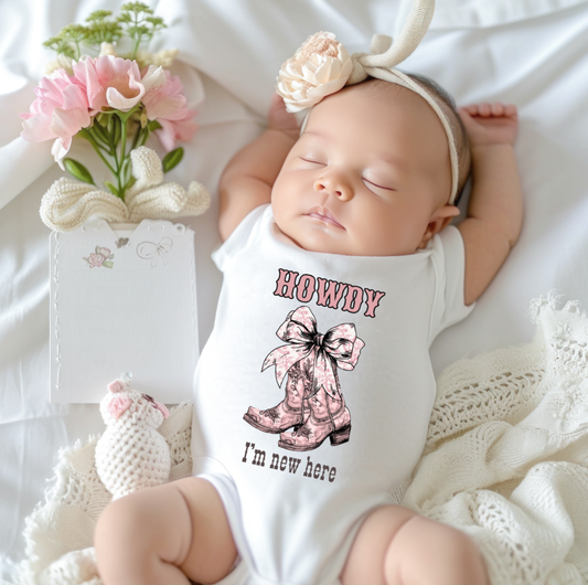 Howdy I'm New Here, Toile Cowboy Boots Newborn Baby Onesie: 3-6 Months / Short Sleeves