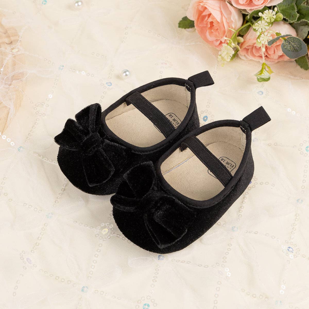 Front Bow velvety baby shoes, available in black and pink.: Pink / 6-12M (12CM