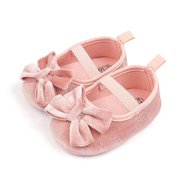 Front Bow velvety baby shoes, available in black and pink.: Pink / 6-12M (12CM