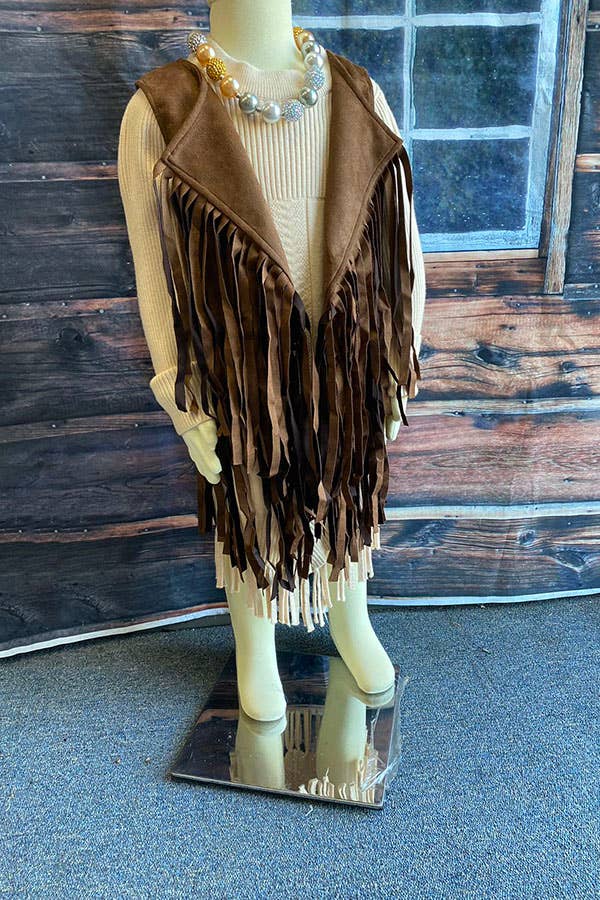 DLH2593 Western brown suede cowgirl sleeveless fringe vest: M 3/4