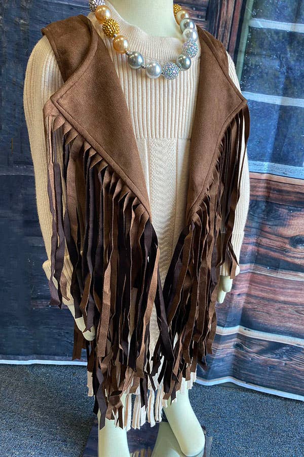 DLH2593 Western brown suede cowgirl sleeveless fringe vest: M 3/4