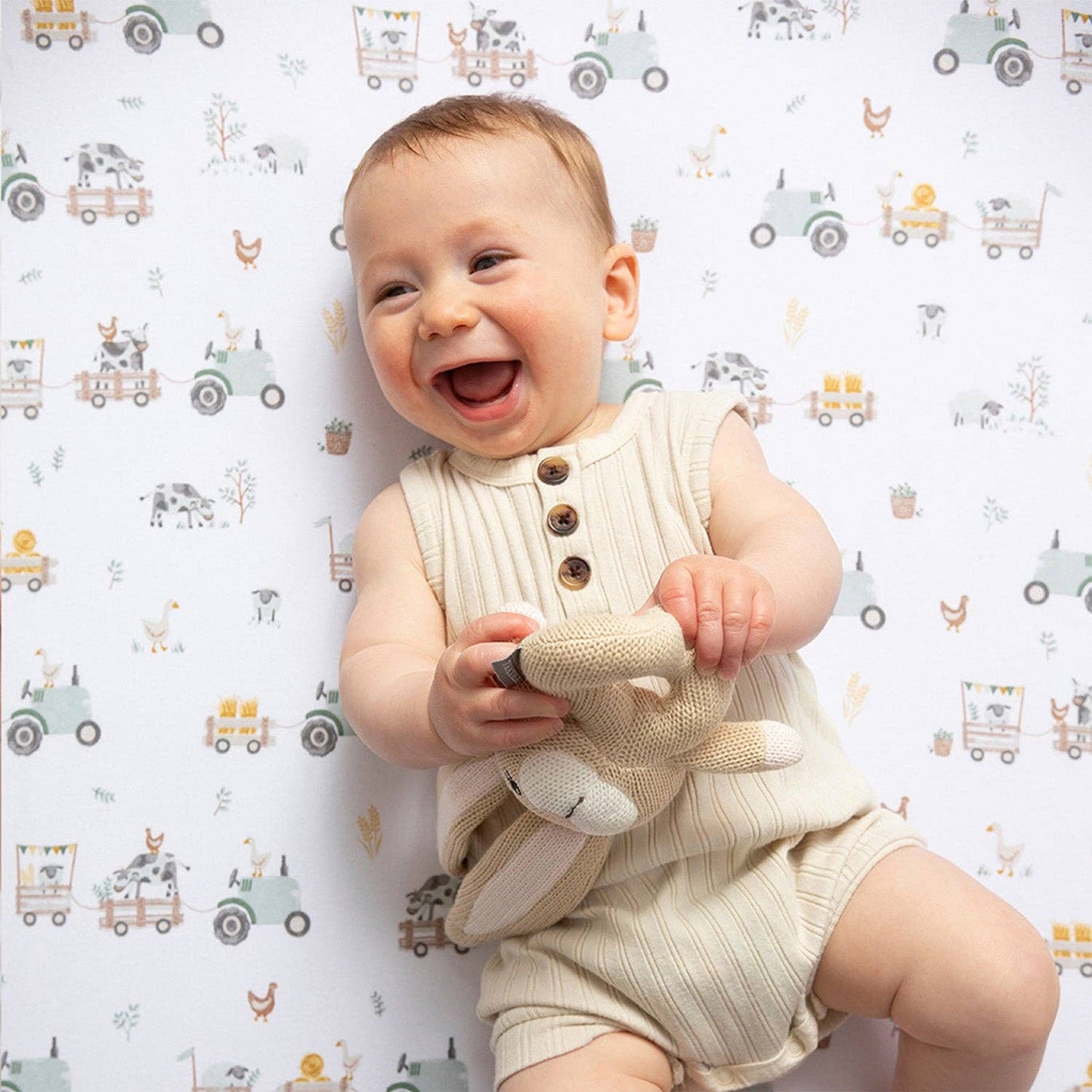 100% Premium Cotton Jersey Crib Sheet - Tractor Ride